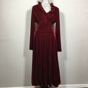 Red velvet ruffle neck long sleeve dress vampire witchy romantic sz L whimsigoth